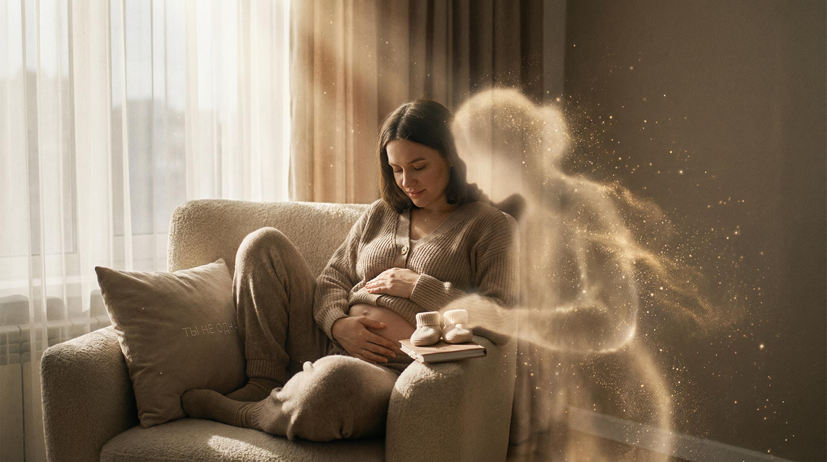 Беременная женщина на диване с магическим свечением